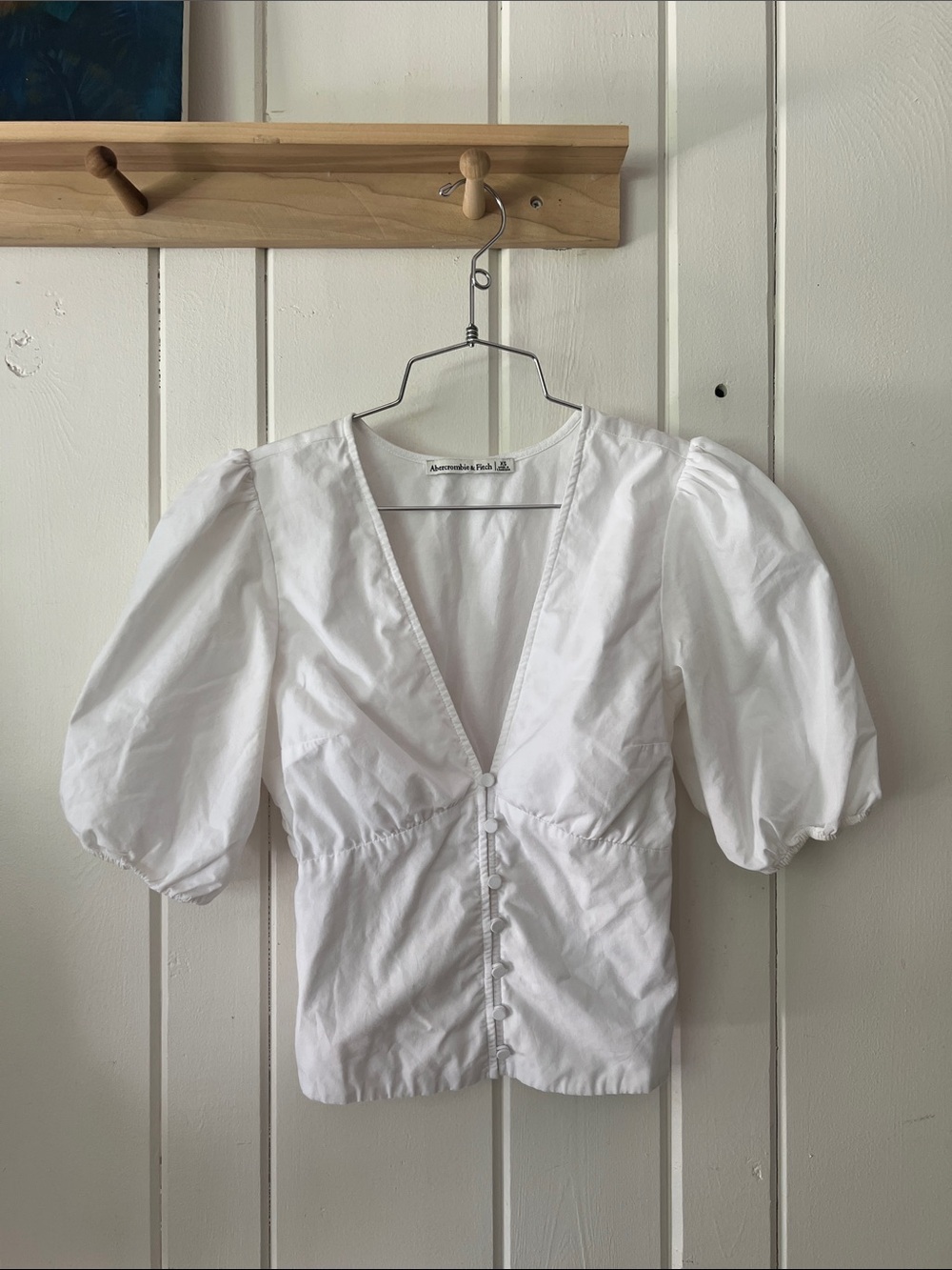 Abercrombie & Fitch White Cotton Ruched Back Button Front Puff Sleeve Top, XS